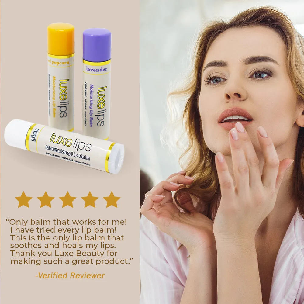 Beeswax Free, Nut Free Lip Balm- Luxe Lips Caramel Popcorn