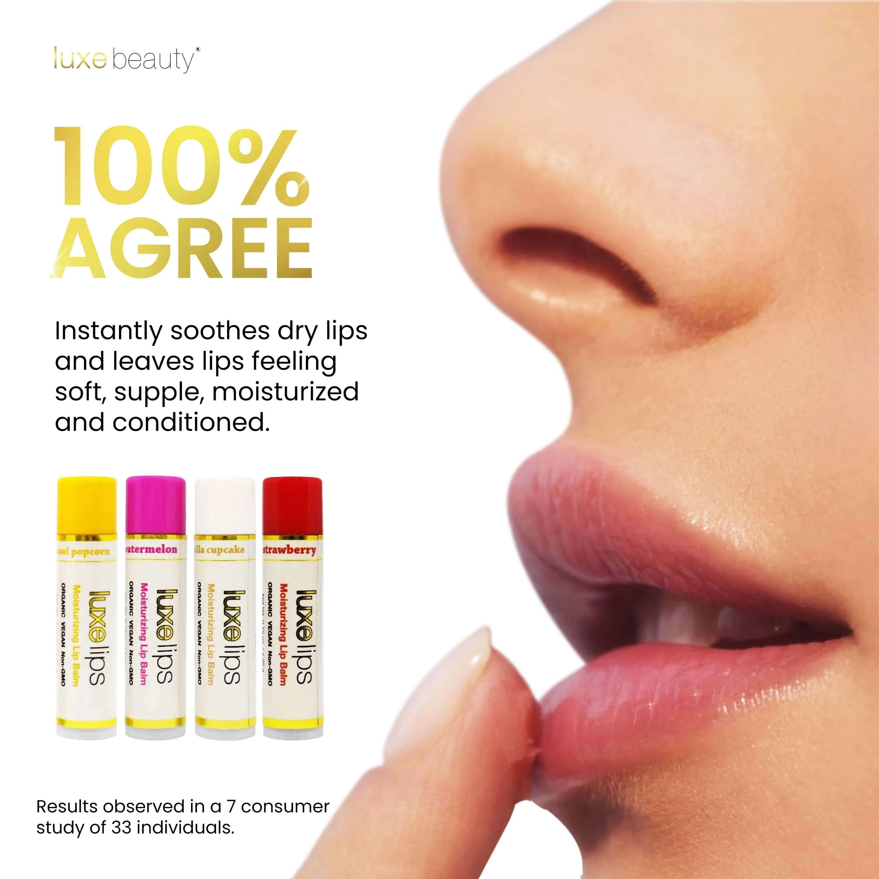Beeswax Free, Nut Free Lip Balm- Luxe Lips Caramel Popcorn