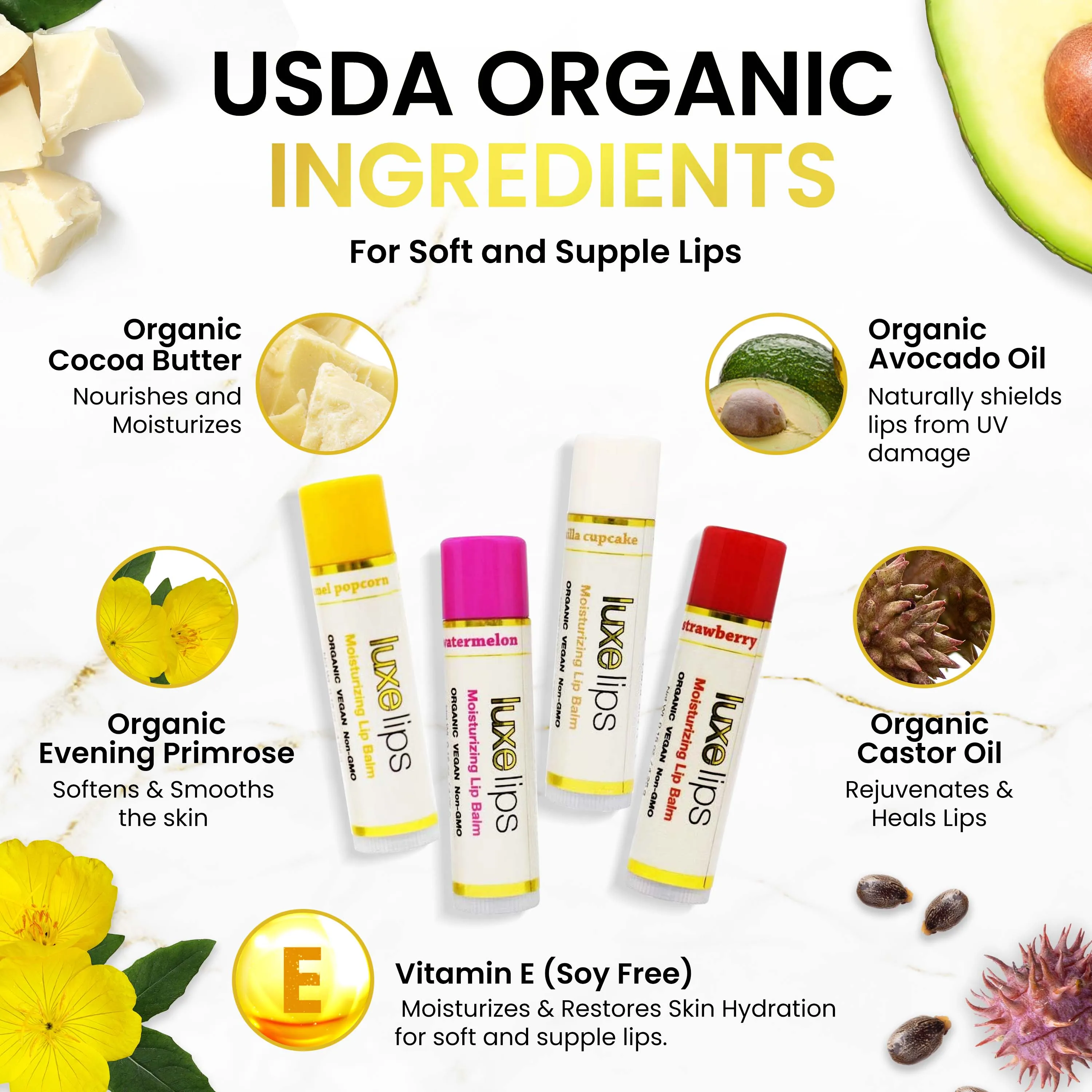 Beeswax Free, Nut Free Lip Balm- Luxe Lips Caramel Popcorn