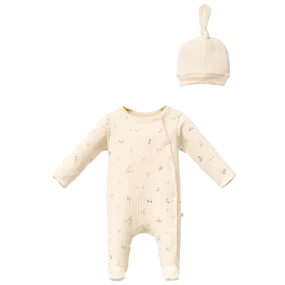 Cream Leaf Print Babygrow & Hat